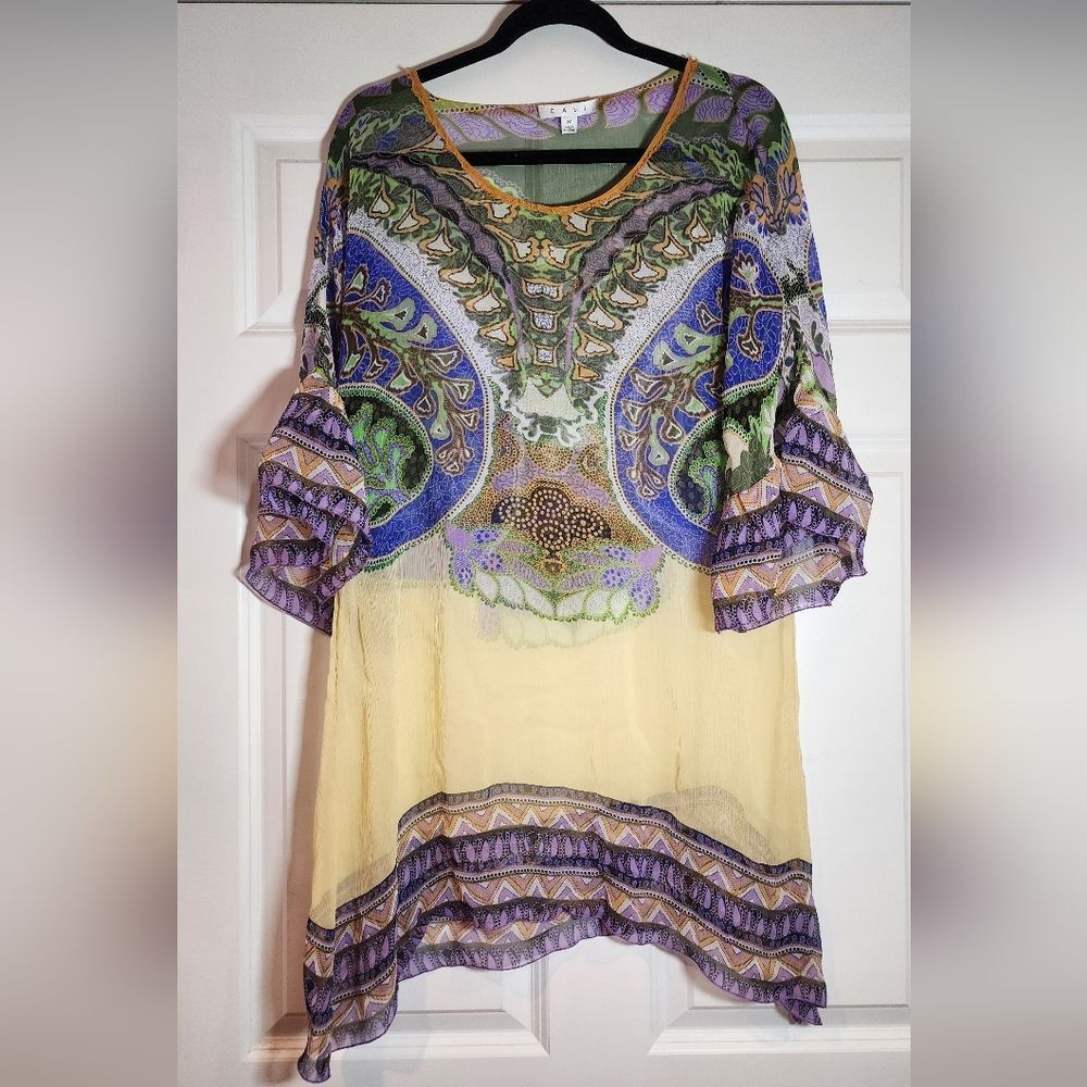 Cabi Colorful Silk Boho Bell Sleeve Long Blouse Has Minor Pulls In Back M